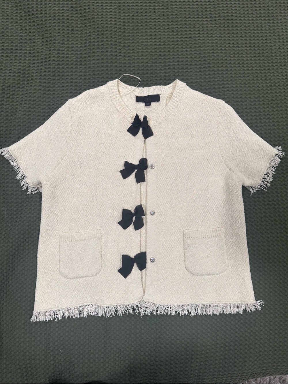Zara Cream Short-Sleeve Cardigan with Black Bow Details - Picture 2 of 4
